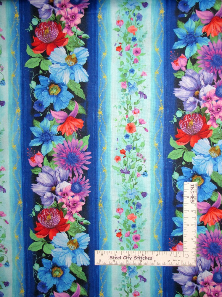 Fairy Fantasy Flowers Stripe Cotton Fabric Timeless Treasures CD7237 By The Yard