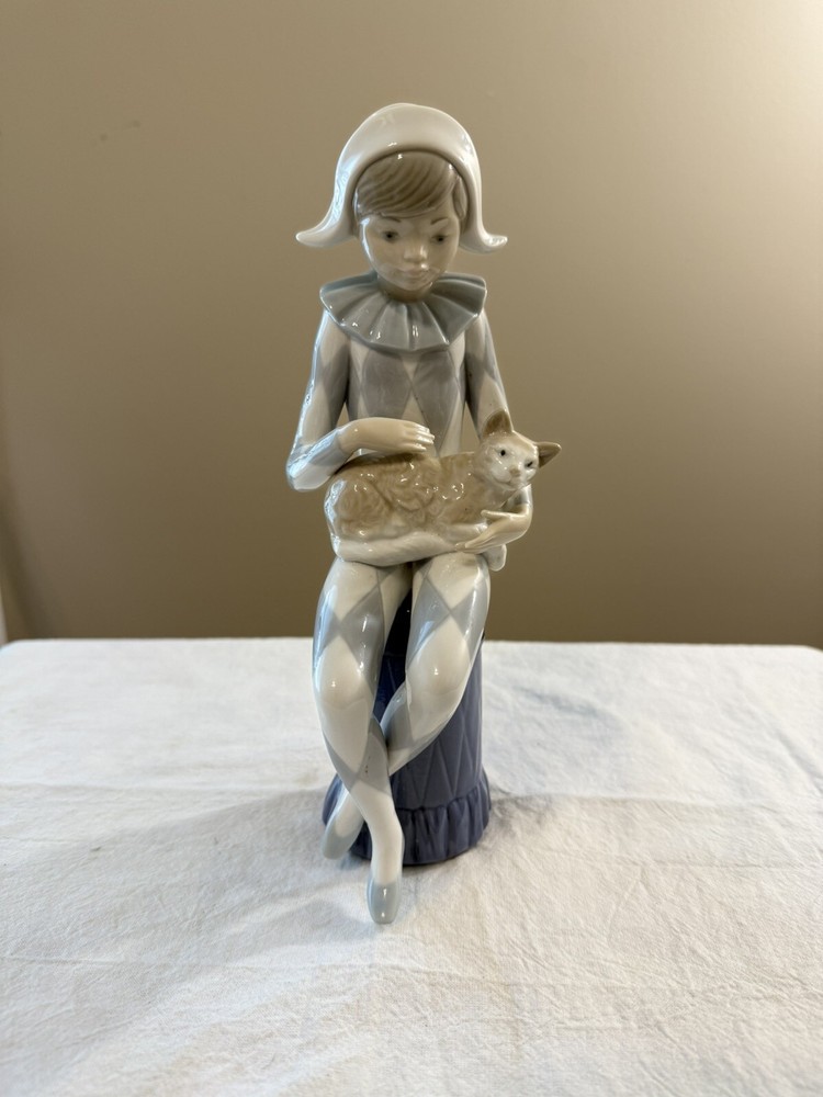 Lladro Retired Young Harlequin with Cat Kitten Porcelain Figurine