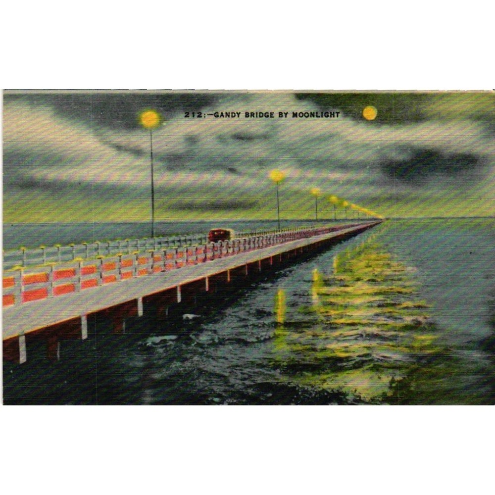 Vintage Gandy Bridge by Moonlight Linen Postcard Tampa St Petersburg Florida 212