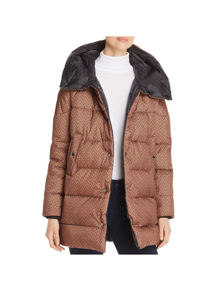 MKT STUDIO Womens Black Button  Front Puffer Hooded Winter Jacket Coat 38