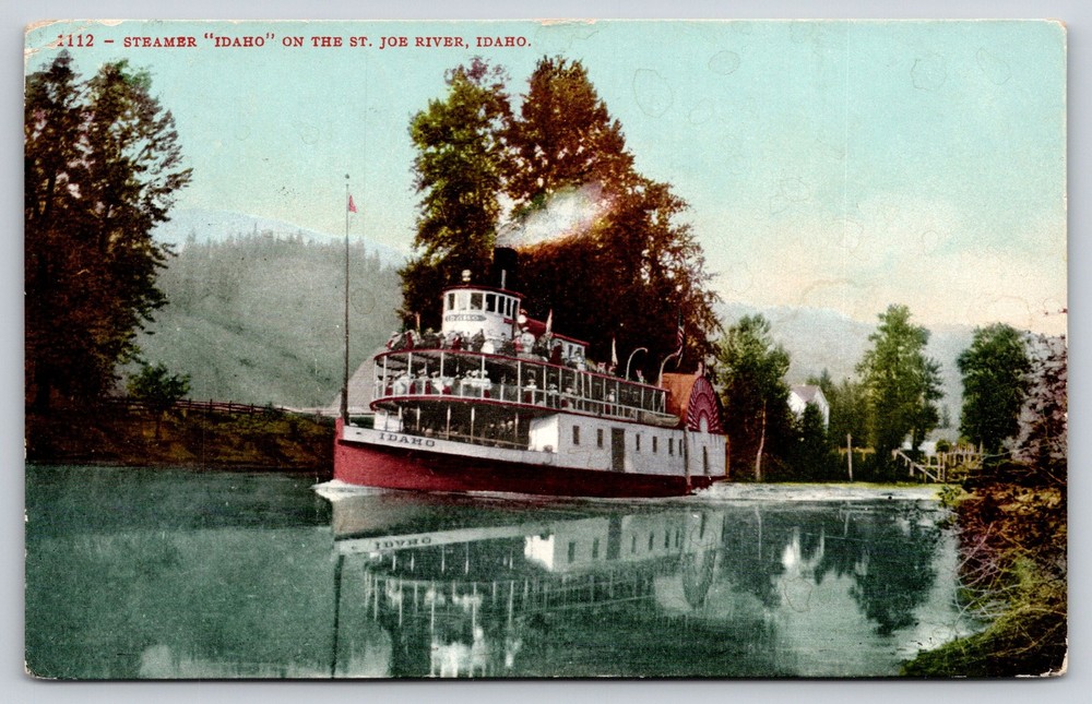 Steamship~St Joe River~Excursion Steamer Idaho~Reflection~Flag~1909 Postcard