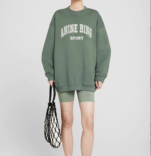 Women's green ANINE BING embroidered long-sleeved Loose fitting pullover hoodie
