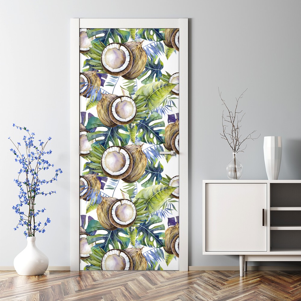 Coconut Tropical Bubble Free Exotic Leaves Tropical Repositionable Door Decal