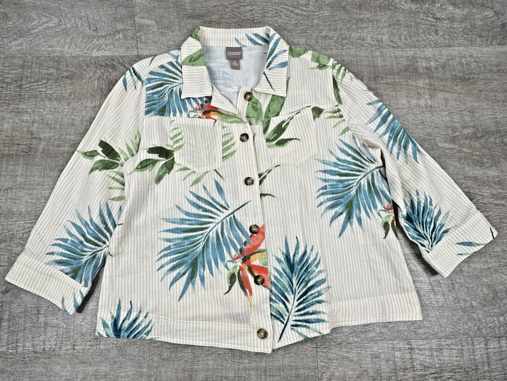 Chico's Women's Size 2 US L 12 Button Up Blouse Top Floral Palm Tropical Parrot