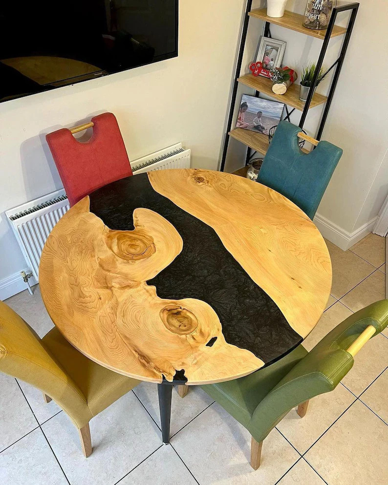Handmade Round Epoxy River Dining Table Top – Black Resin Live Edge Acacia Wood