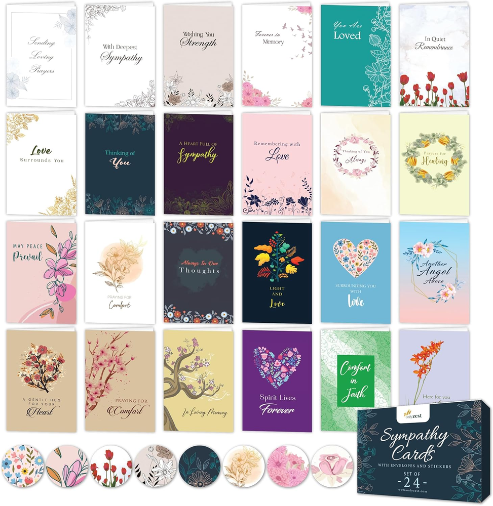 Box of Sympathy Cards with Envelopes, 24 Pack Condolence Card for Bereavement, L