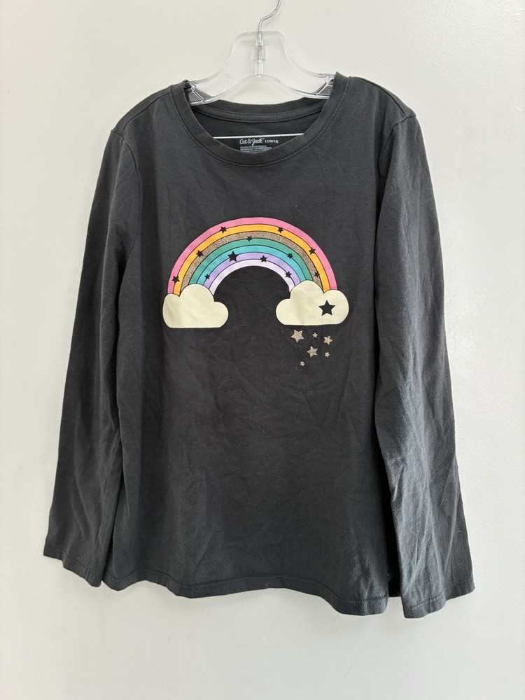Cat & Jack Kids Girls Glitter Rainbow Cotton Blend Long Sleeve Shirt Dark Gray L