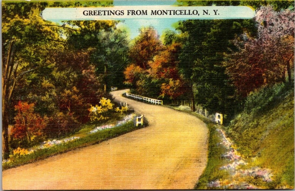 Greetings from Monticello NY Scenic Winding Road Vintage Postcard Metrocra