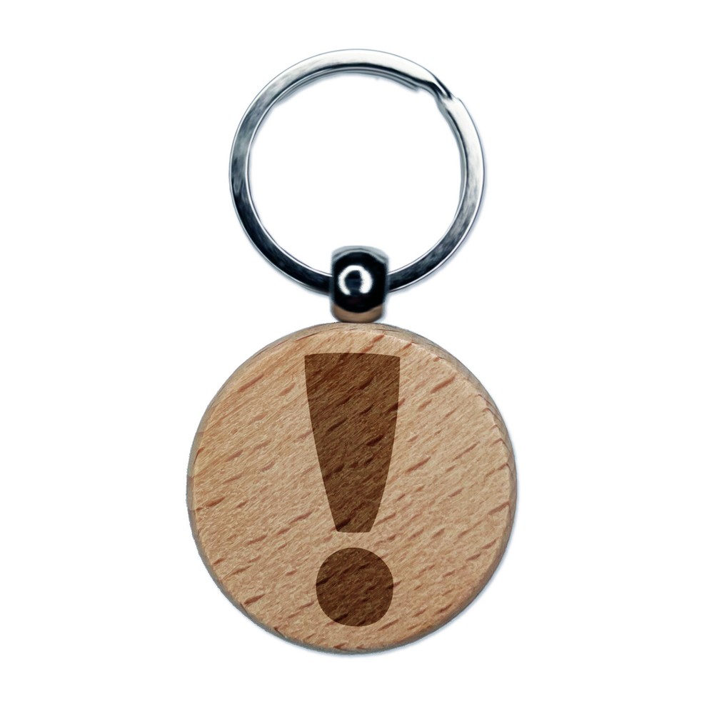 Exclamation Mark Punctuation Engraved Wood Round Keychain Tag Charm