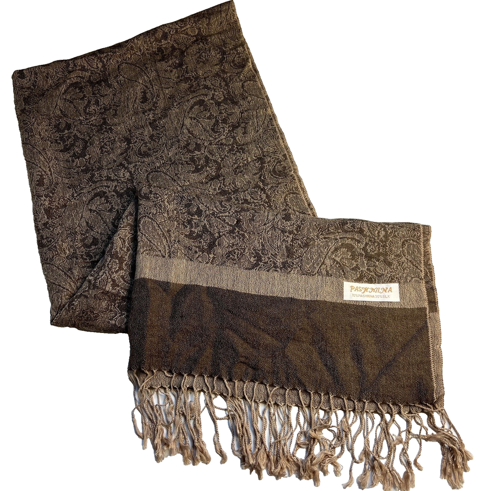 Vintage Pashmina Jacquard Scarf 70% Pashmina 30% Silk Brown French Tapestry Wrap