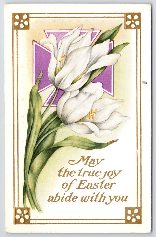 White Lilies The True Joy of Easter Embossed Gold c1914 Schenectady NY Postcard