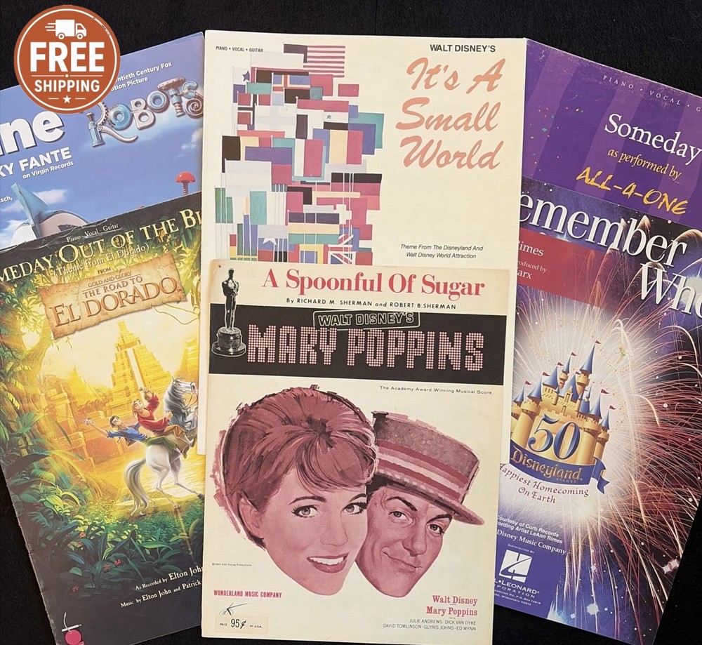 Disney Sheet Music 7 Titles Mary Poppins Pinocchio Small World Hunchback Lot 10