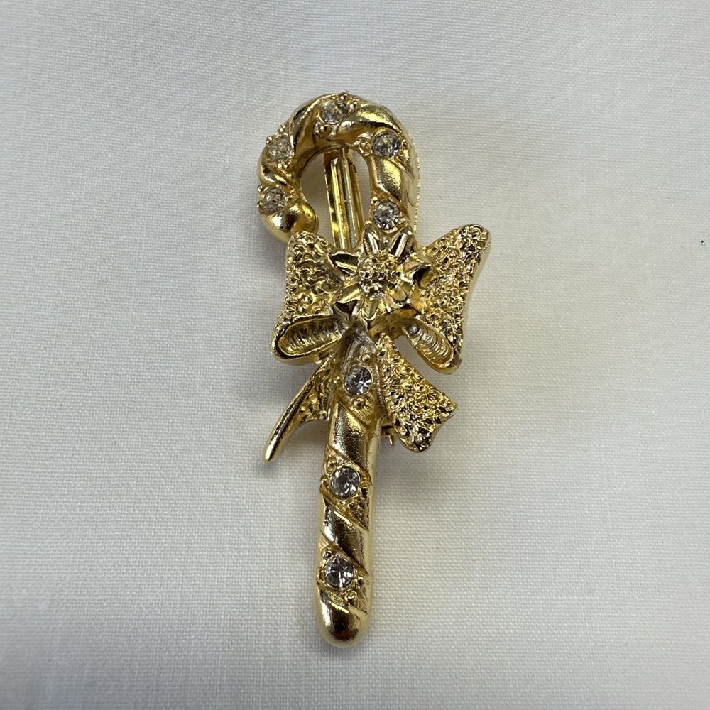 Vintage Gold Tone Rhinestone Candy Cane Brooch, Holiday Pin, Christmas Accent-image