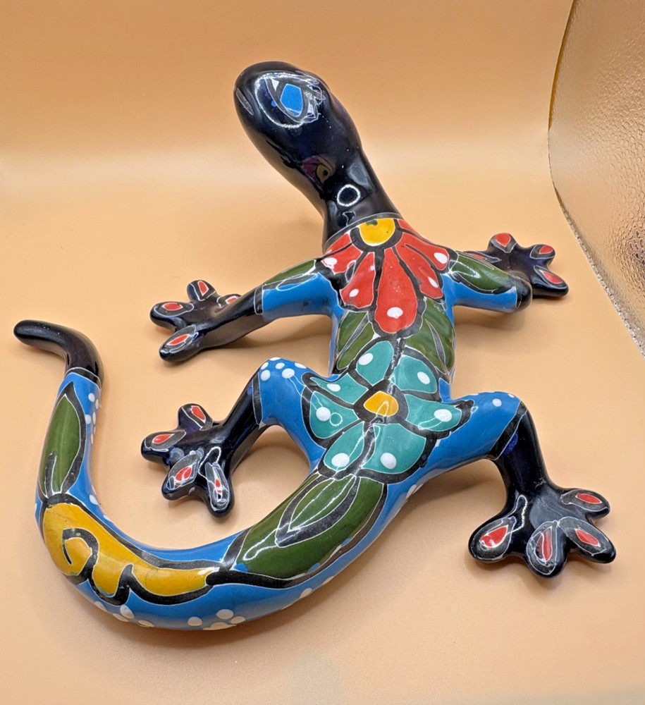 Talavera Mexican Pottery Floral 9 Inch Colorful Lizard Salamander Gecko Figurine