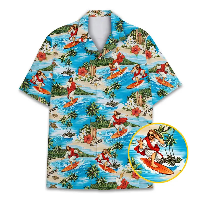 Surfing Jesus Hawaiian Shirt Unisex Aloha Beach Vacation Summer Men