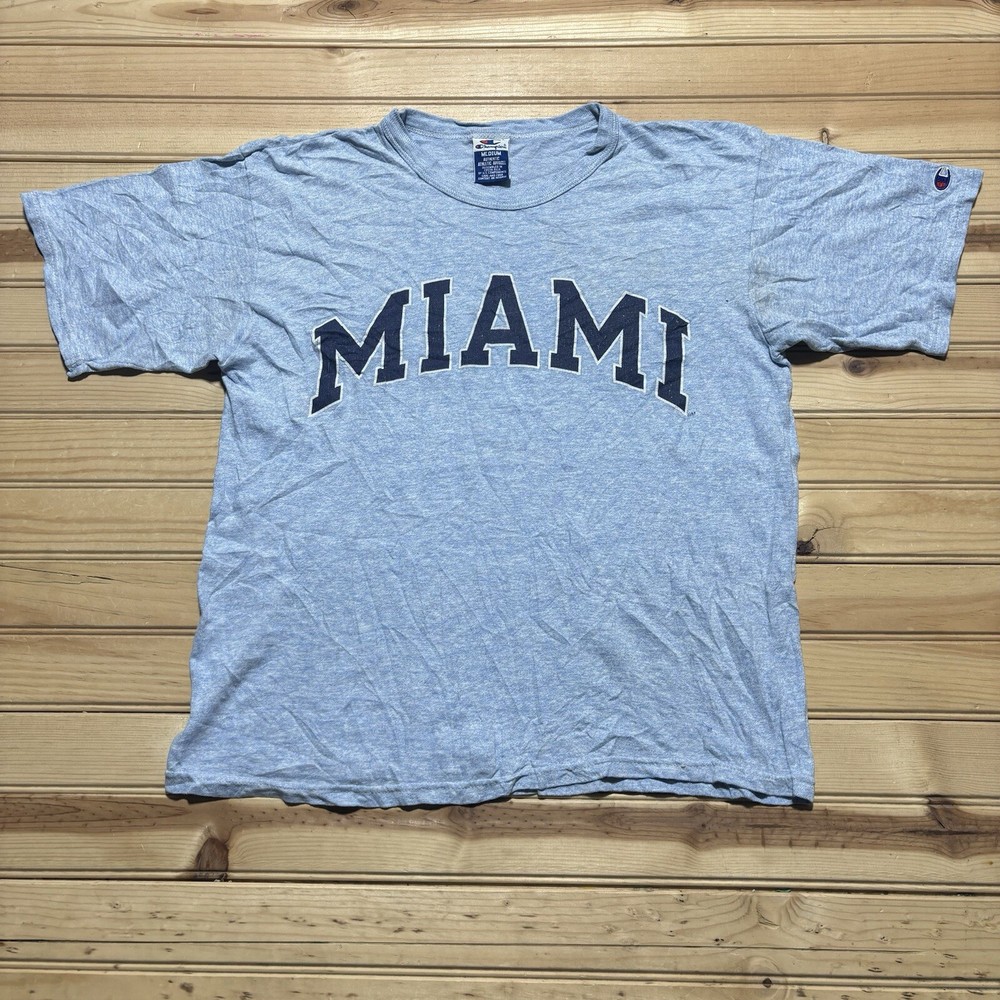 Vintage 90s Champion Miami College Spellout Shirt Size Medium Made In USA