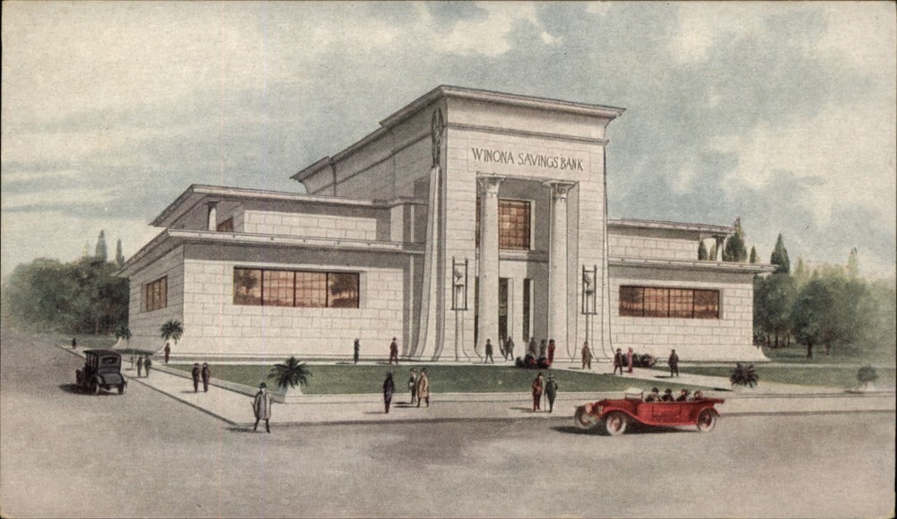 Winona Minnesota Savings Bank artist rendering antique cars vintage postcard