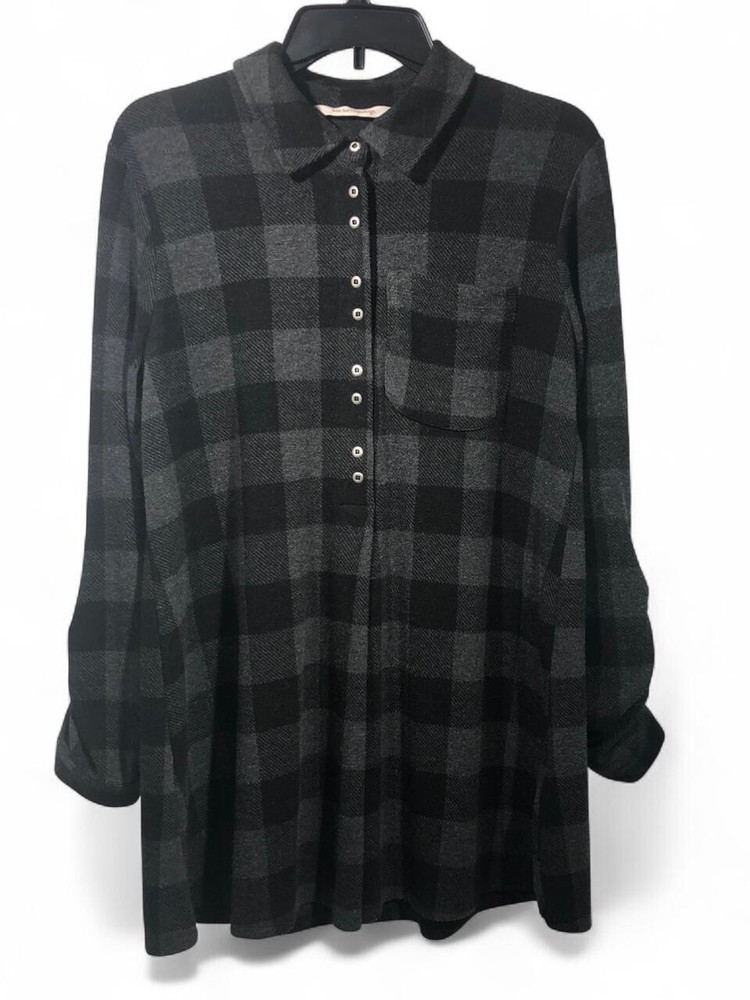 Soft Surroundings Plaid Button Front Tunic Top Mad About Women's M Charcoal Grey