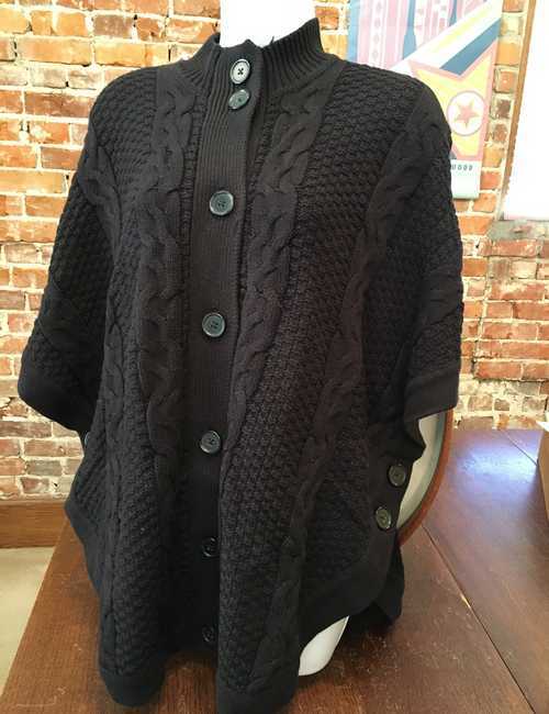 Denim & Co Black Button Front Cable Knit Sweater Poncho New Stand Collar