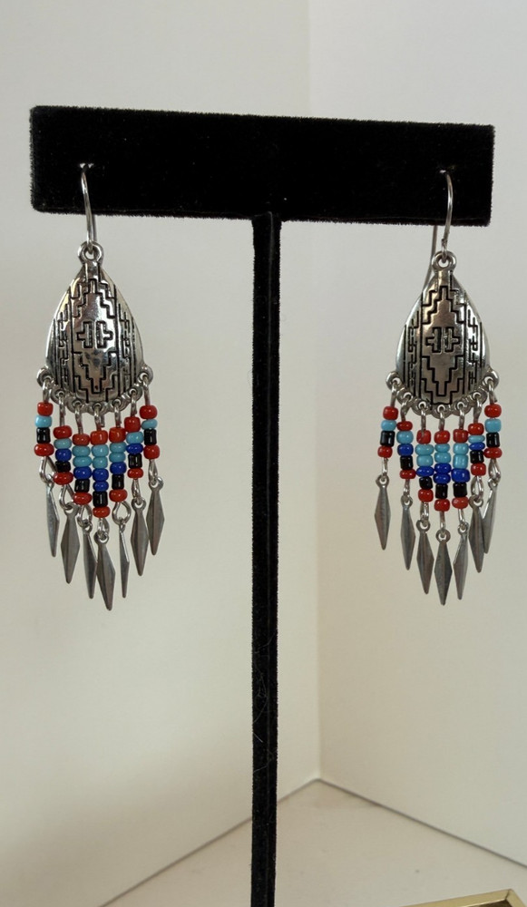 Vintage Southwest Beaded Fringe Dangle Earrings | Silver Tone Western Boho