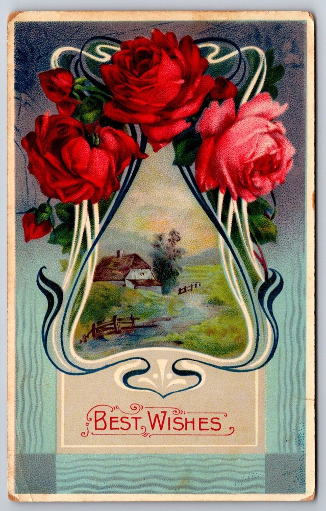 Greetings~Best Wishes~Farm House Scene~Fence~Red Rose Flowers~1914 Postcard