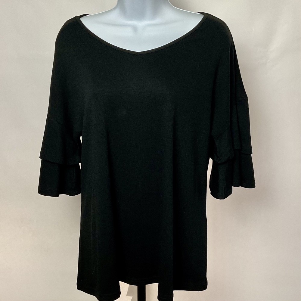Women’s Ruffle Tunic Top Casual V Neck Shirt Bell Half Sleeves Black Size L