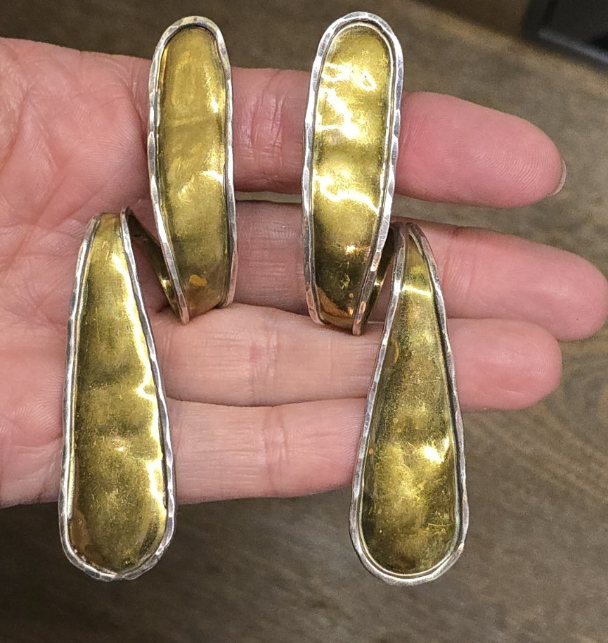 Vintage Long Modernist Clip Earrings Brass w Sterling Silver Edge Detail 2-tone