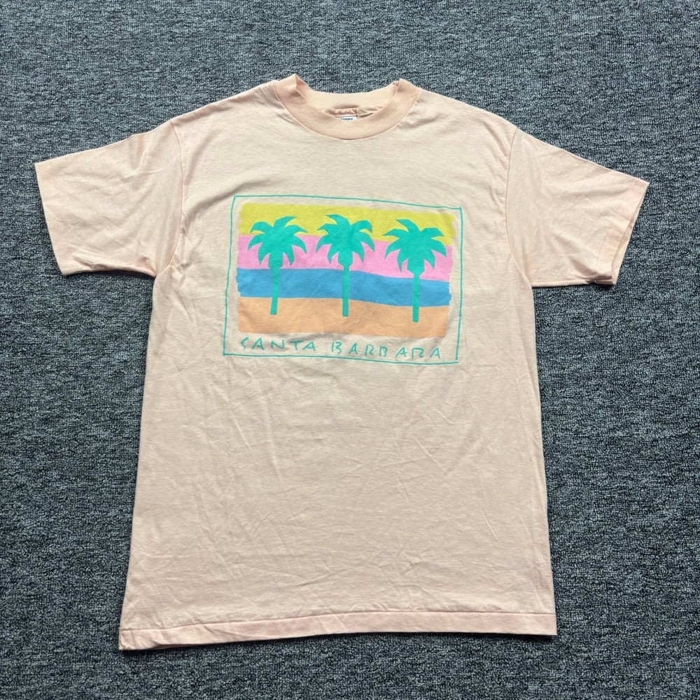 Vintage 1980s Hanes Beefy Santa Barbara Surf Graphic Orange T-Shirt Size Large