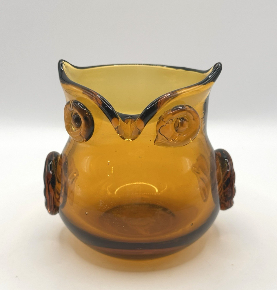 Vintage Mid-Century Hand Blown Glass Owl Vase, Creamer, Votive Holder Amber USA