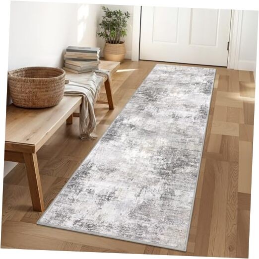 Abstract Grey Beige Runner Rug 2x6 Ft Washable Non-Slip Hallway Carpet-image