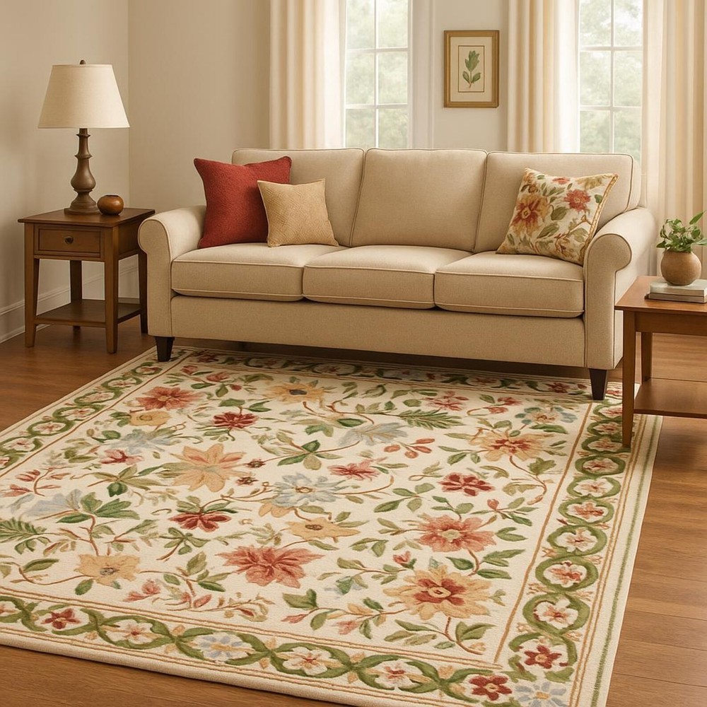 Hand Tufted New Zealand Wool Rug | Floral Cut Pile Carpet | Soft Ivory Vintage