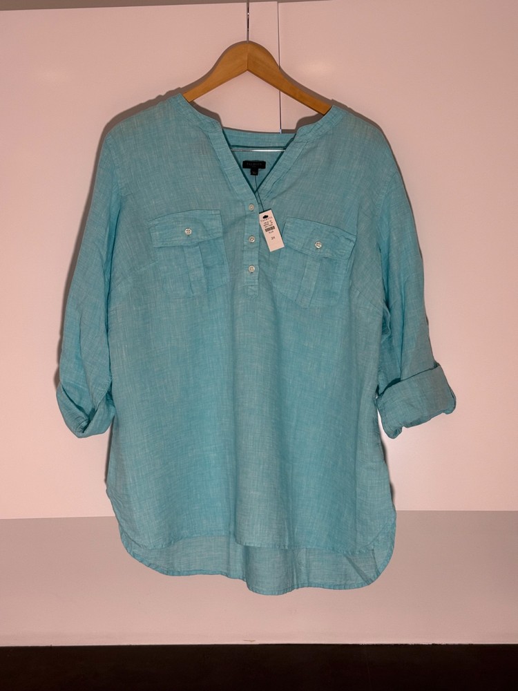 Talbots Plus 2X Aqua Turquoise 100% Linen Henley Tunic Roll Tab Sleeve Top NWT