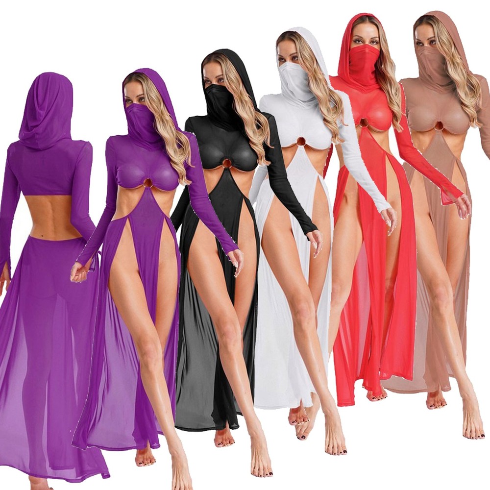 US Women Hollow-out Long Sleeve Sheer Mesh Face Mask Cover Up High Split Dress