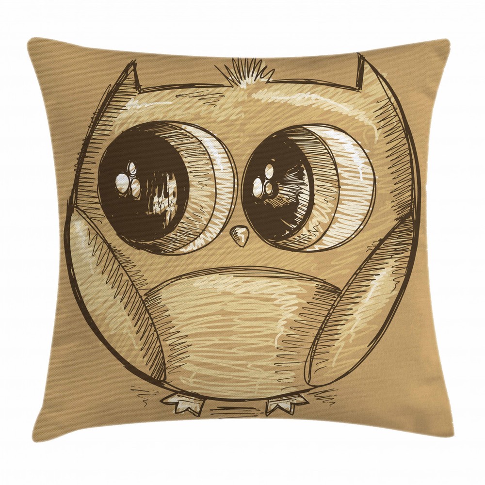 Cute Owl Big Eyes Sketch Square Pillow Cover 18 Inches Cushion Case