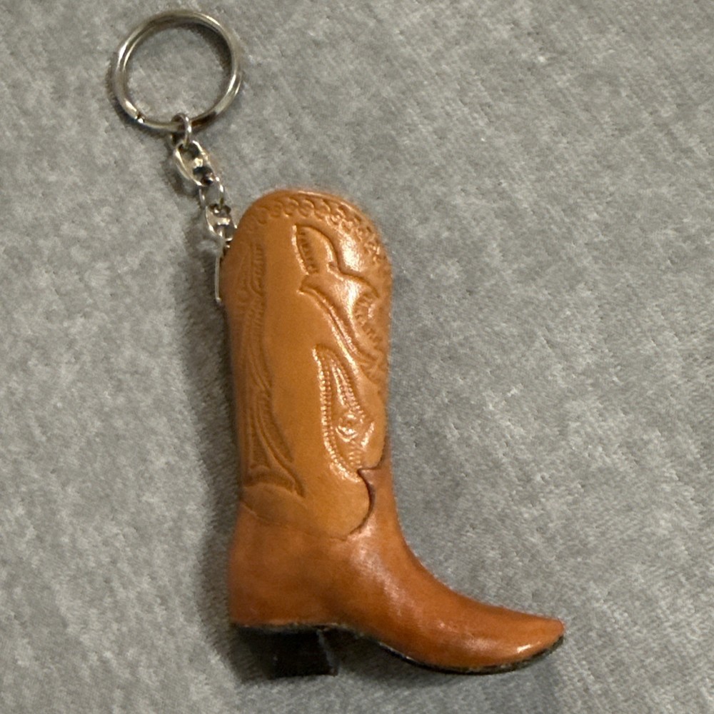 Vintage Mini Leather Tooled Cowboy Boot Keychain Key Ring Made Colombia Western