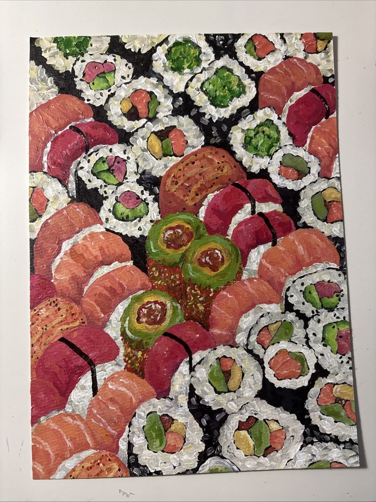 Original Art Sushi Abstract Painting Acrylic On Paper Signed OOAK