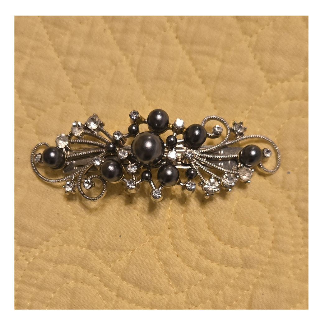 Silver Tone Women’s Barrette Hair Clip Faux Pearl & Rhinestone, Classic