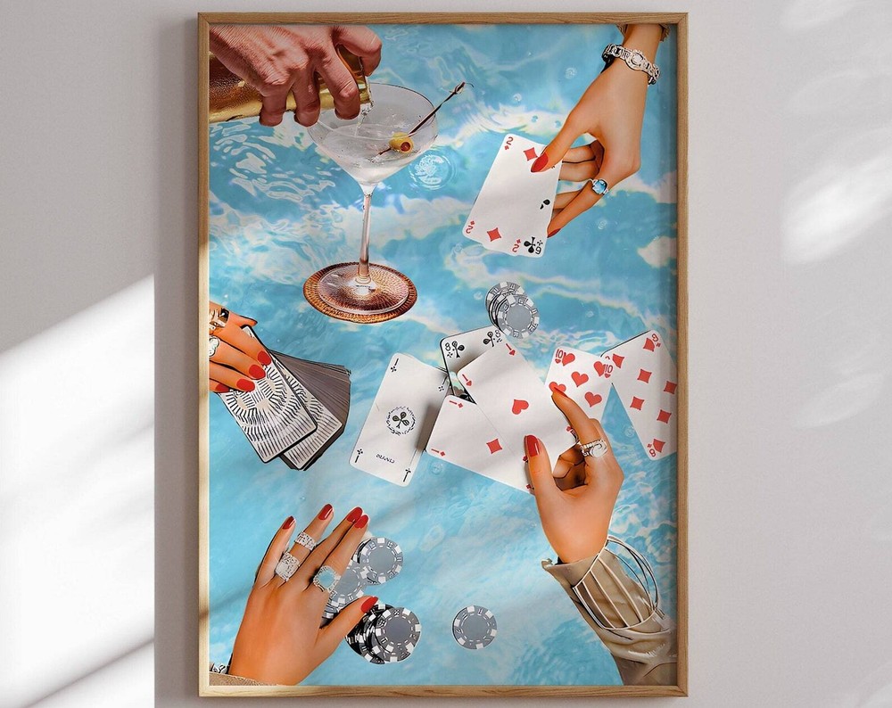 Vintage Blue Playing Cards Wall Print Retro Poker Night Cards Drinks Retro