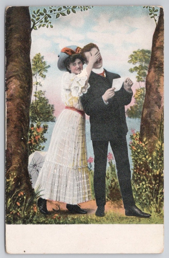 Vintage Postcard: Playful Couple, Woman Covers Man's Eyes, Edwardian Era