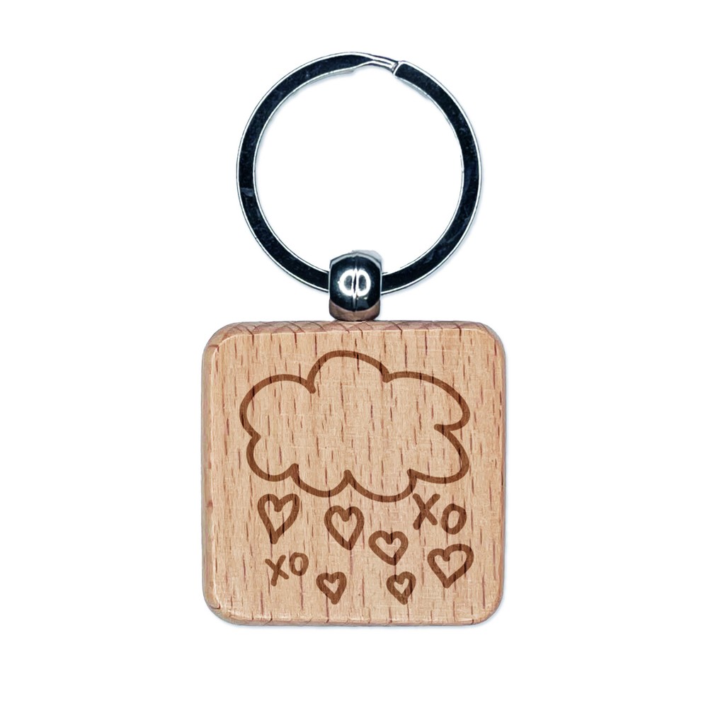 Showers of Love Hearts Engraved Wood Square Keychain Tag Charm