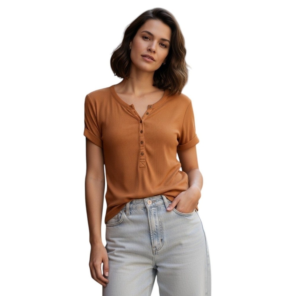 Pilcro x Anthropologie Andie Ribbed Henley Top Shirt Terracotta Brown Large