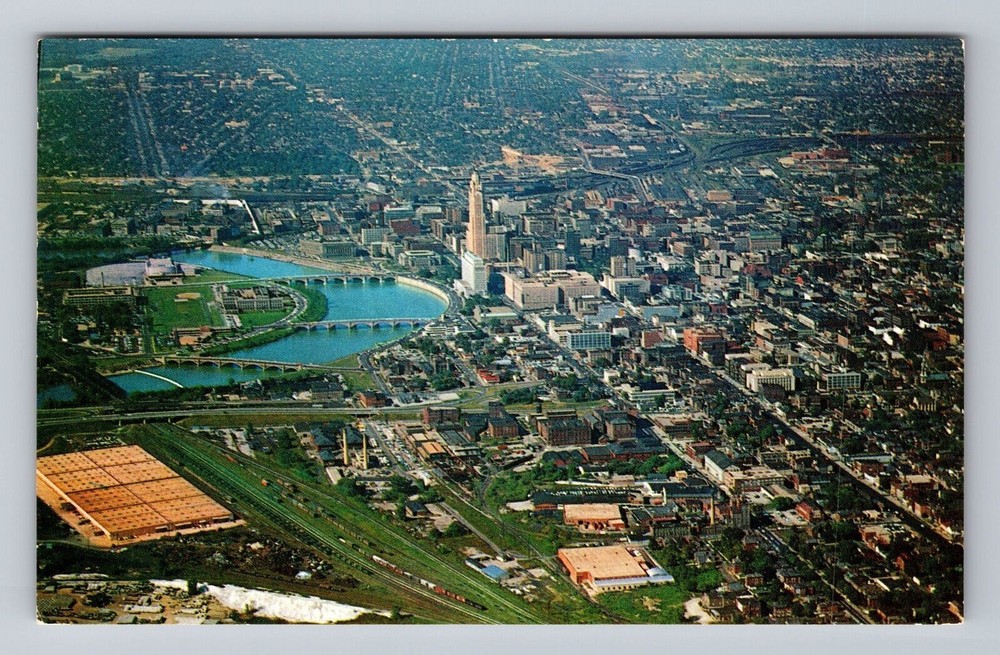 Columbus OH-Ohio Aerial Civic Center and Bridges Scioto River Vintage Postcard
