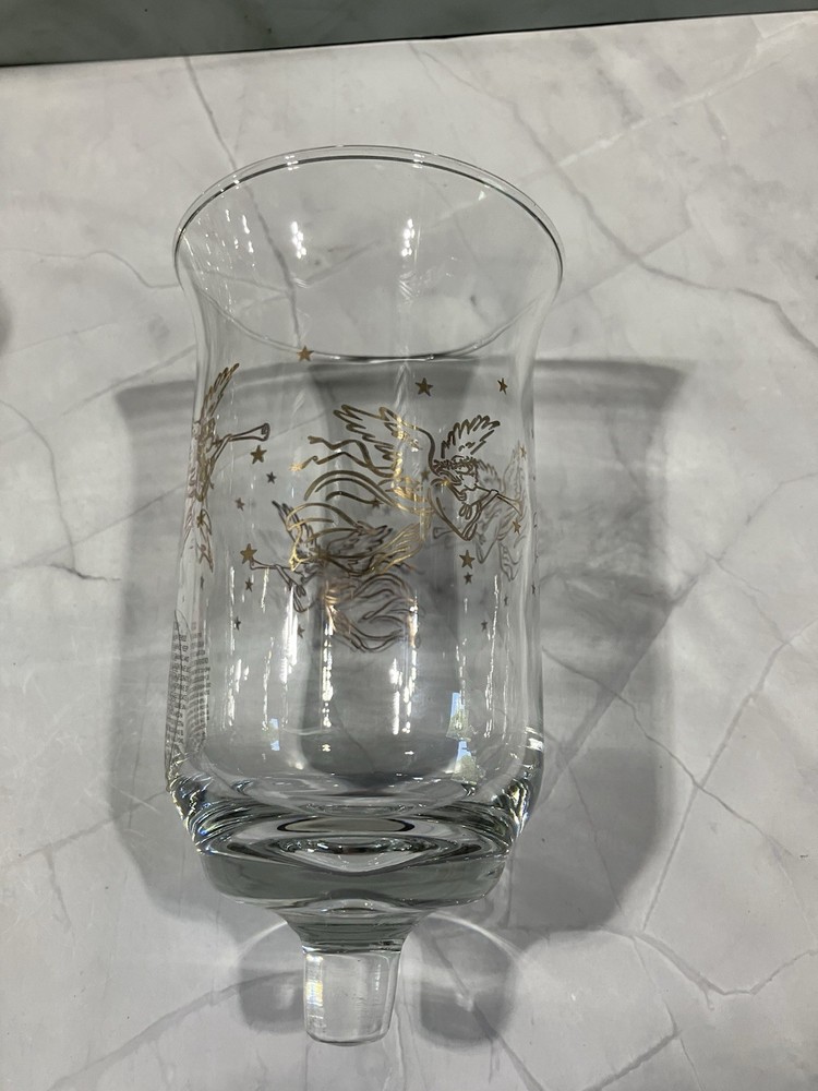 HOMCO Clear Glass Trumpeting Gold Angel Votive Cup 5 3/4” X 3 1/8”