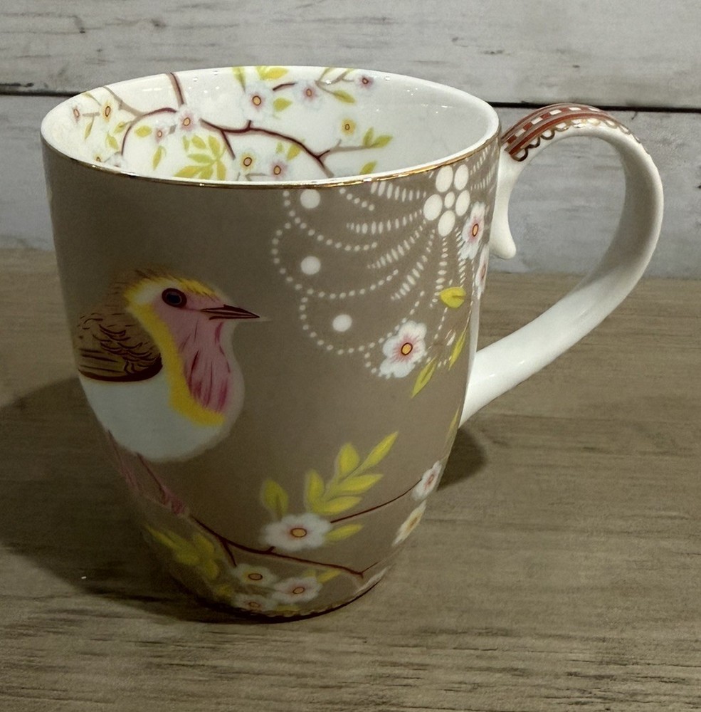 🐦⬛Pip Studio Khaki Bird Floral Fine Porcelain Coffee - Tea Cup Mug Gold Accent