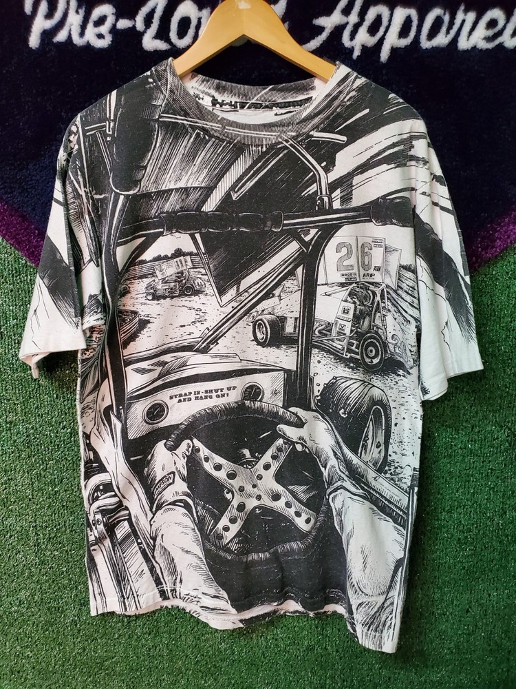 Vintage 90's Dirt Track Racing AOP shirt Nascar All Over Print Single Stitch