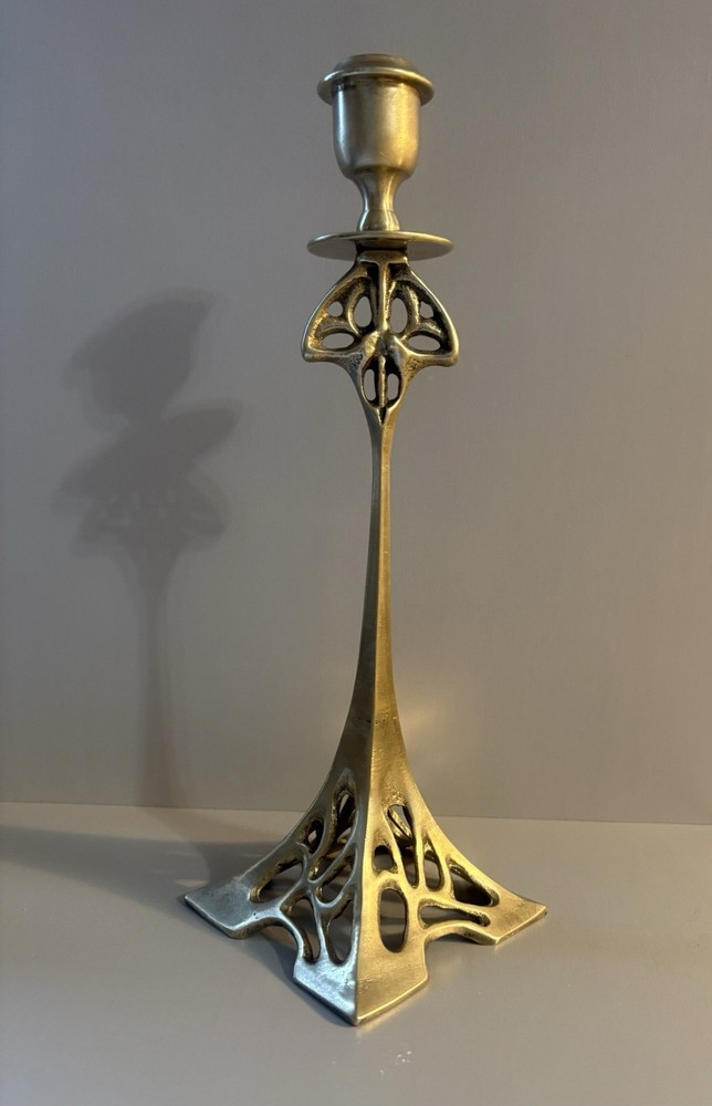 Single Piece Antique Art Nouveau Candle Holder Solid Brass