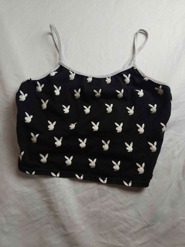Playboy Tank Top Womens Medium Black Bunny AOP Sleeveless Cropped Scoop Neck