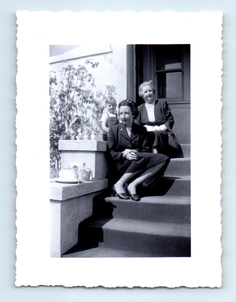 Old Vintage Photo WOMAN AND BOY ON STEPS OF HOUSE ANTIQUE SNAPSHOT