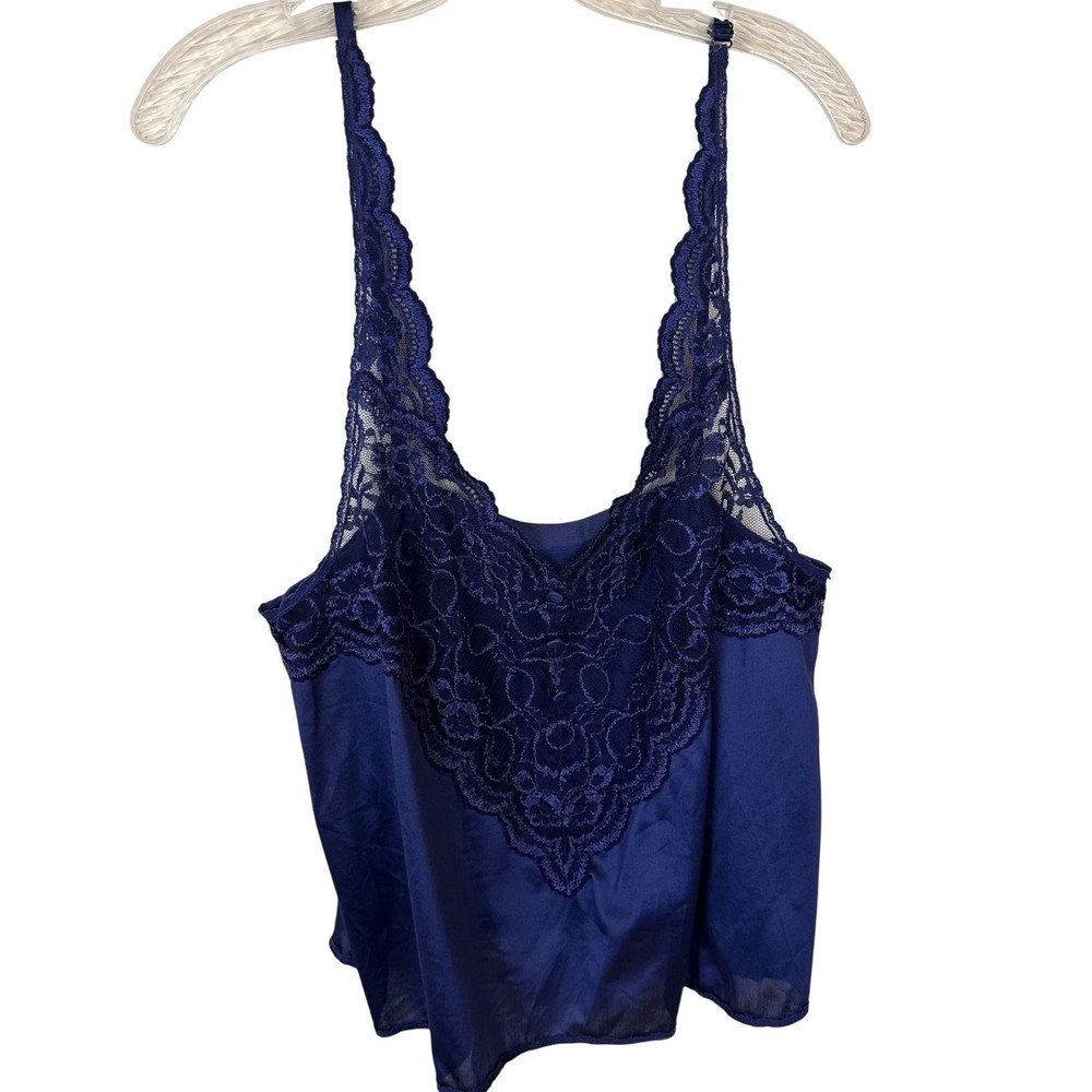 Vtg Womens Cabernet Cami Navy Blue Lace Trim Tank Top Size 40 Large 80s