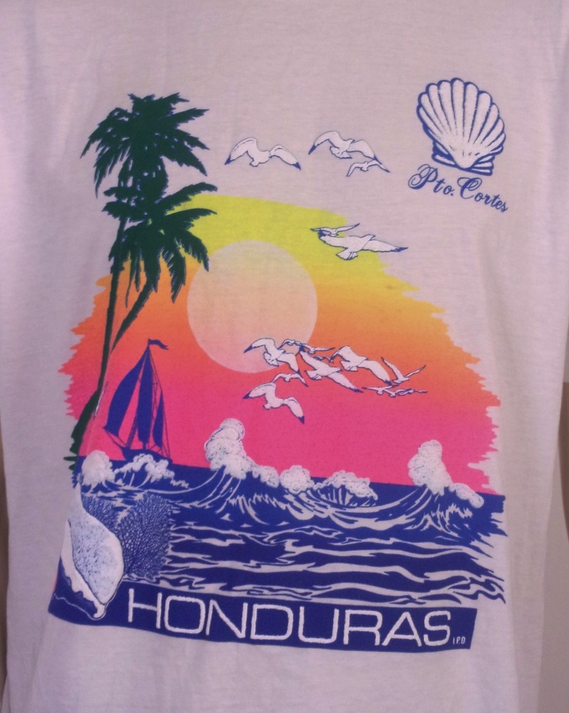 vintage 80s single stitch Puffy Print Neon Honduras T-Shirt Sunset Tropical XL
